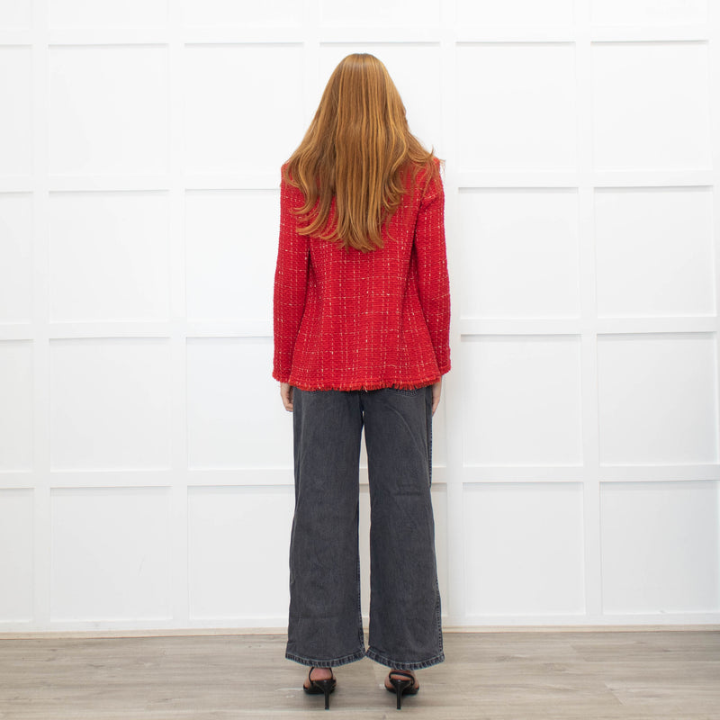IRO Red And Cream Fray Edge Quespo Jacket