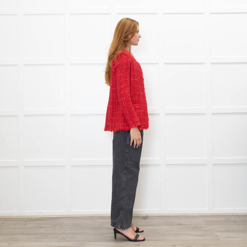 IRO Red And Cream Fray Edge Quespo Jacket
