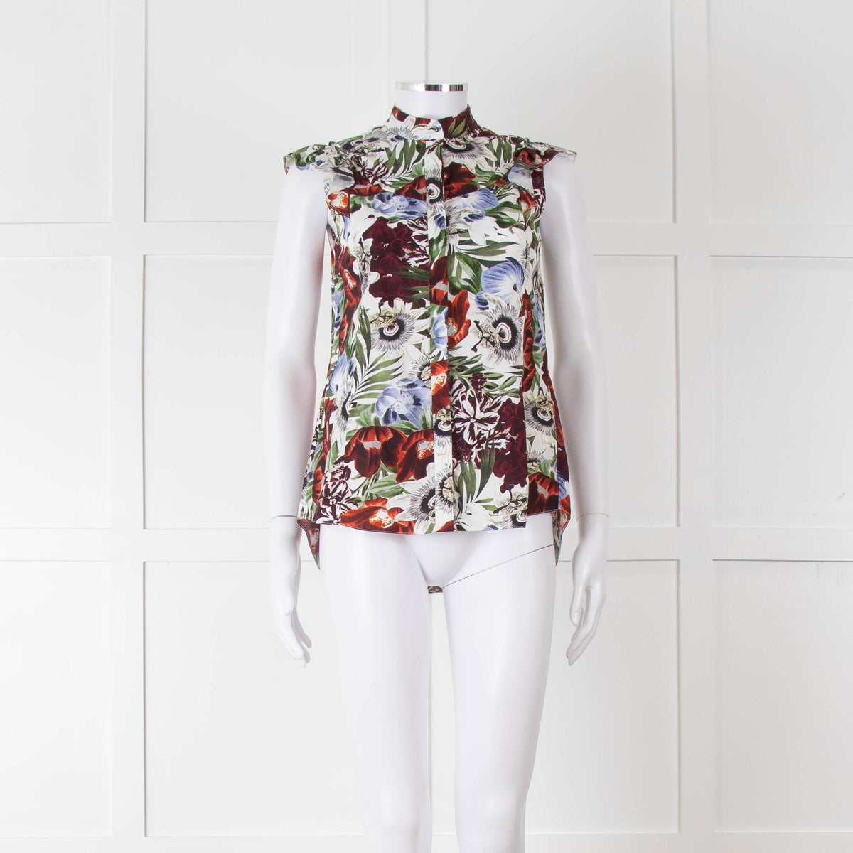 Erdem White Red Green Floral Sleeveless Cotton Shirt