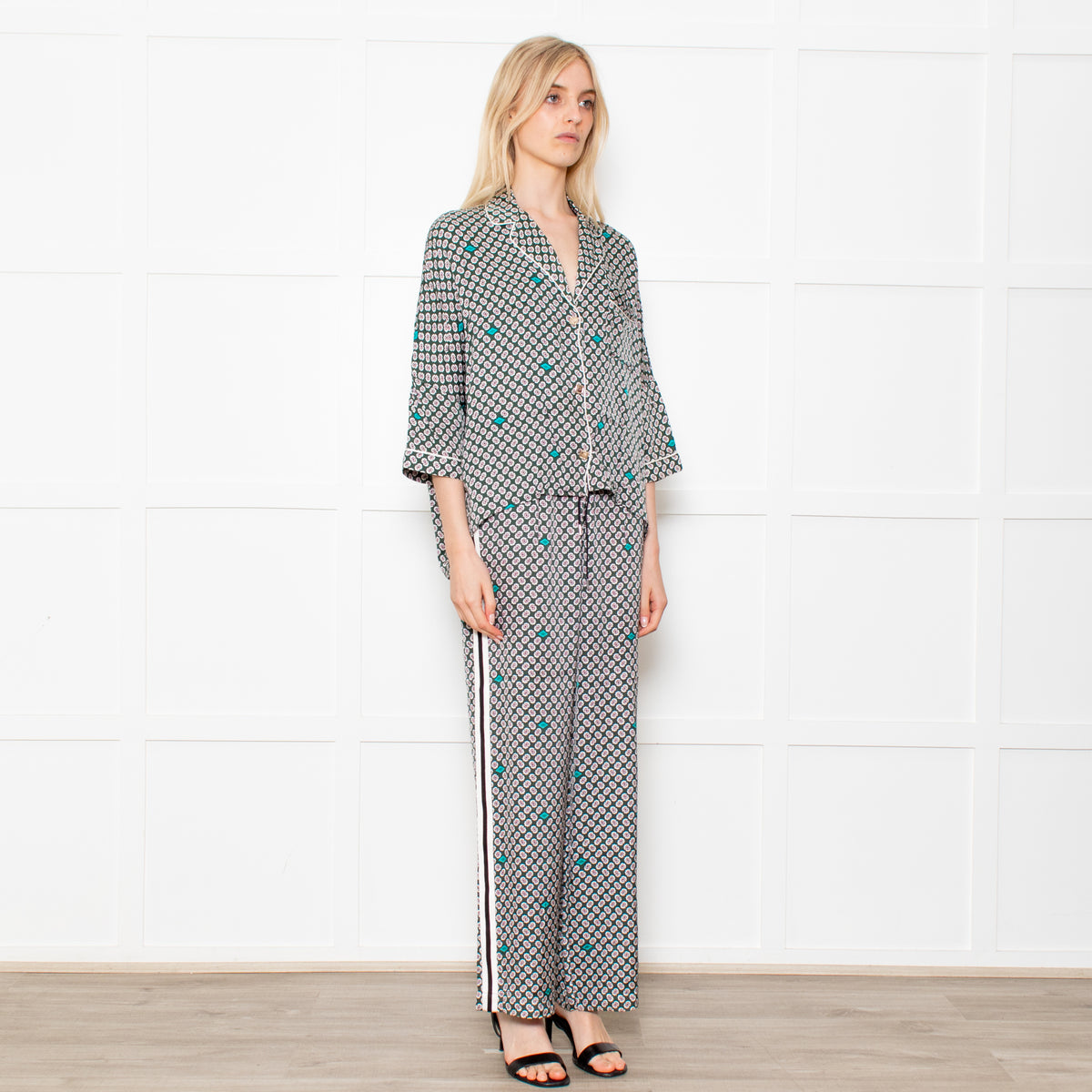 Maje Green Small Floral Print Pyjama Style Trousers