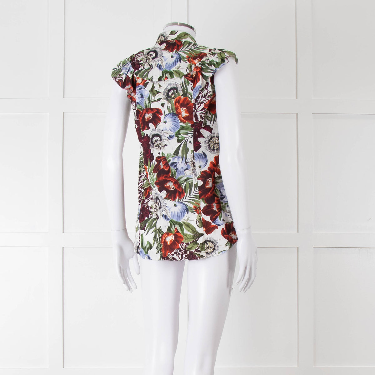 Erdem White Red Green Floral Sleeveless Cotton Shirt
