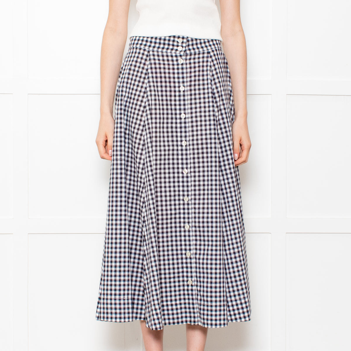 Lisa Marie Fernandez Black & White Check Button Front Midi Skirt With Belt