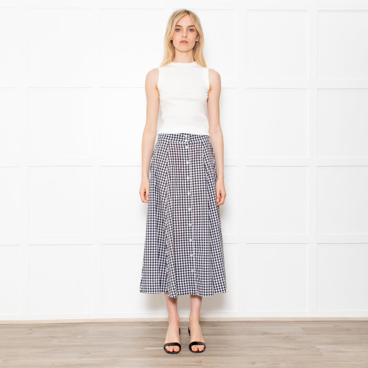 Lisa Marie Fernandez Black & White Check Button Front Midi Skirt With Belt