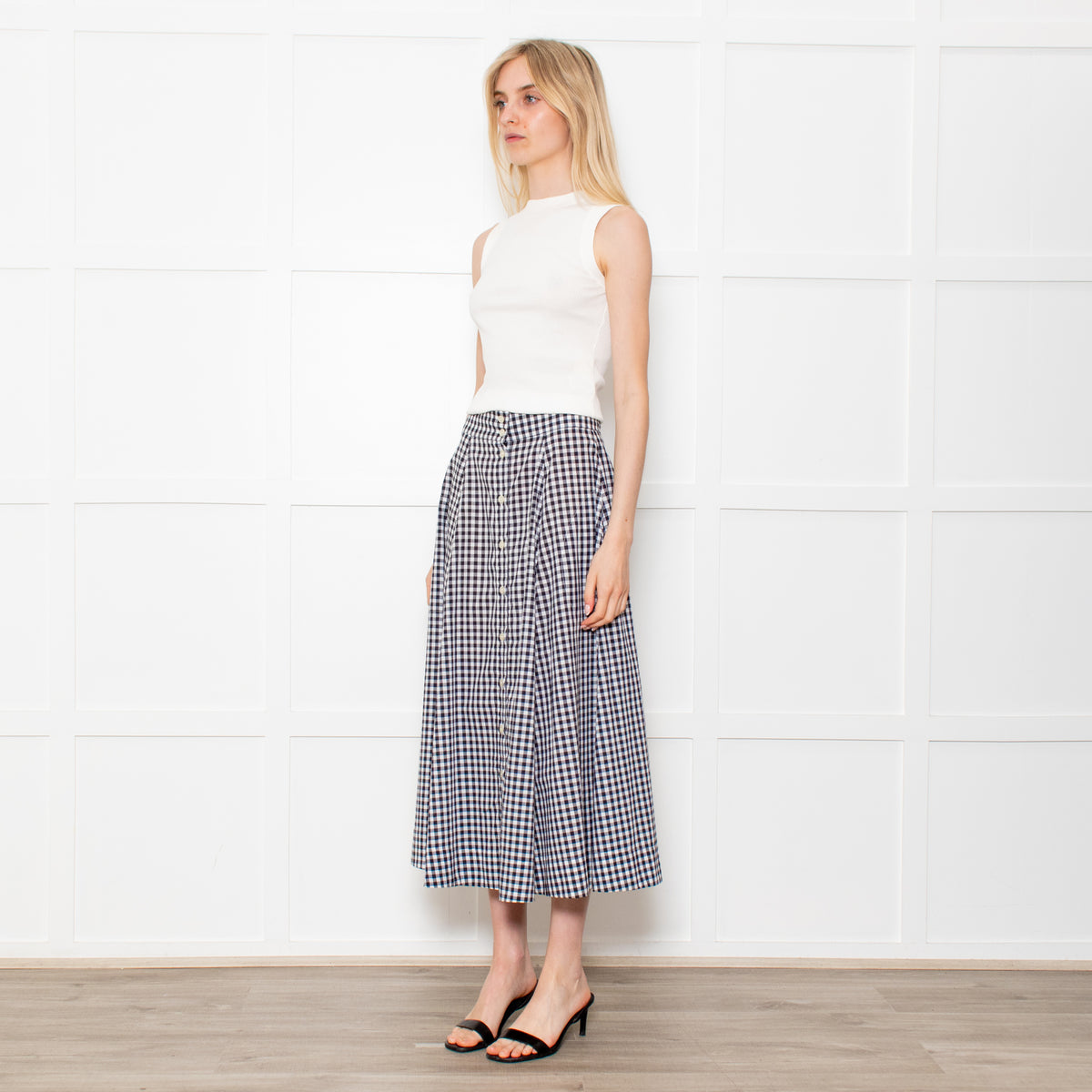 Lisa Marie Fernandez Black & White Check Button Front Midi Skirt With Belt