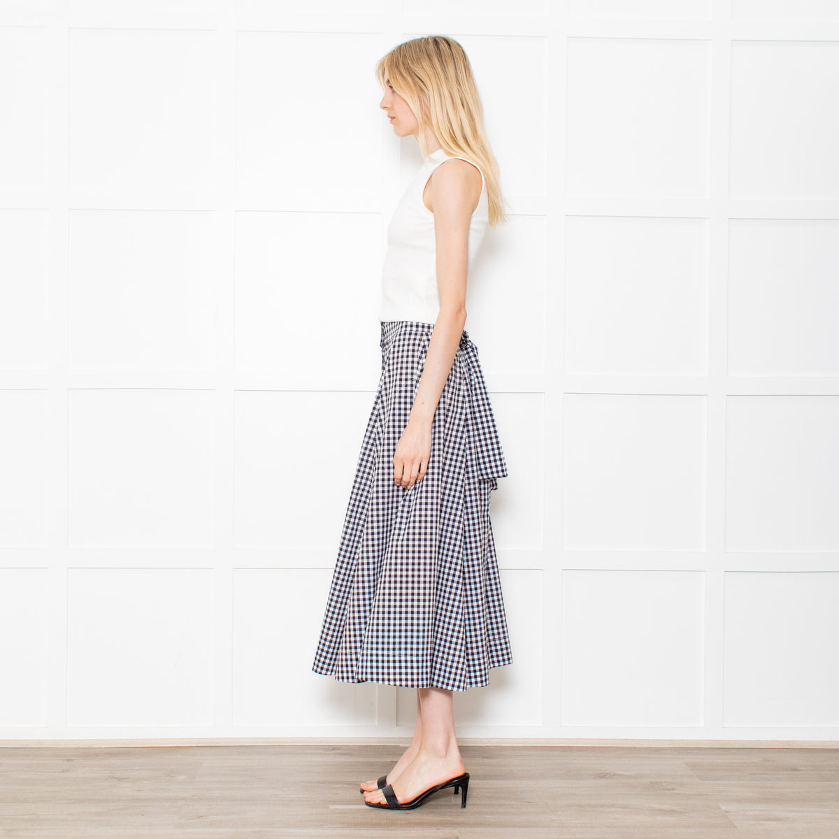 Lisa Marie Fernandez Black & White Check Button Front Midi Skirt With Belt