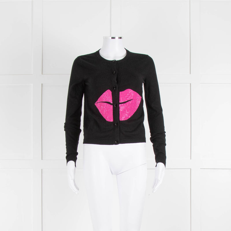 Alice + Olivia Black Pink Embellished Lips Short Cardigan