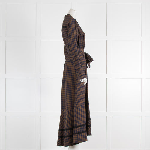 ME+EM Brown Navy Check Long Sleeve Belted Maxi Dress