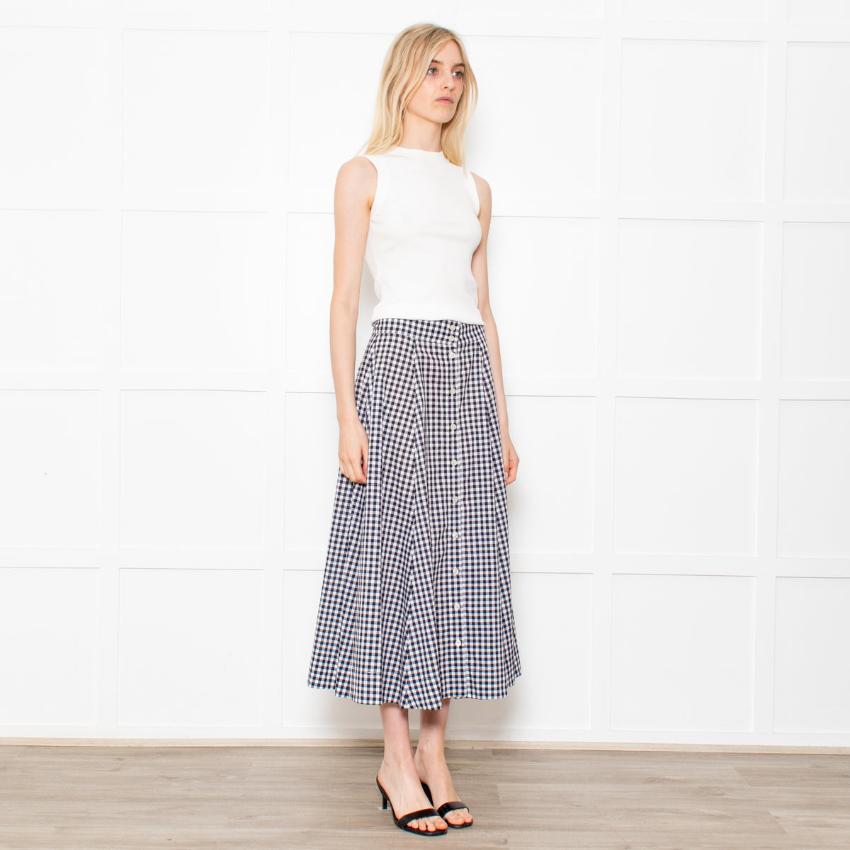 Lisa Marie Fernandez Black & White Check Button Front Midi Skirt With Belt