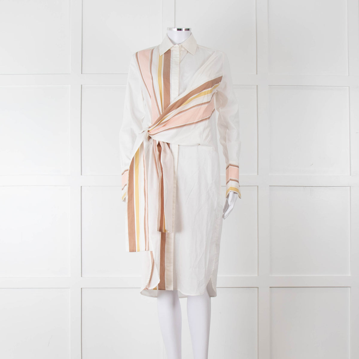 Victoria Victoria Beckham Cream Orange Striped Fine Cotton Tie Up Shirt Dress