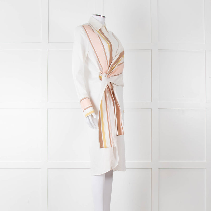 Victoria Victoria Beckham Cream Orange Striped Fine Cotton Tie Up Shirt Dress