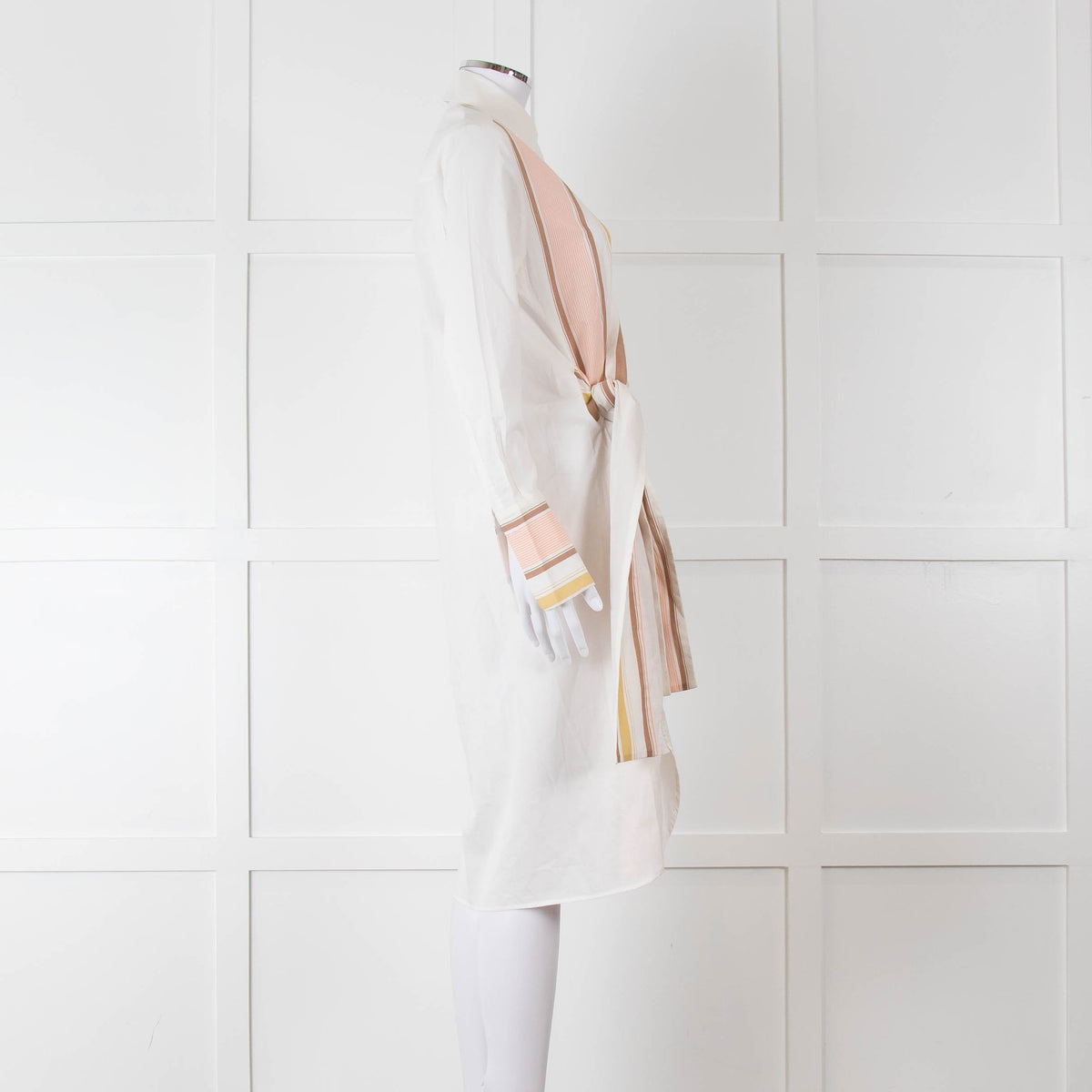 Victoria Victoria Beckham Cream Orange Striped Fine Cotton Tie Up Shirt Dress