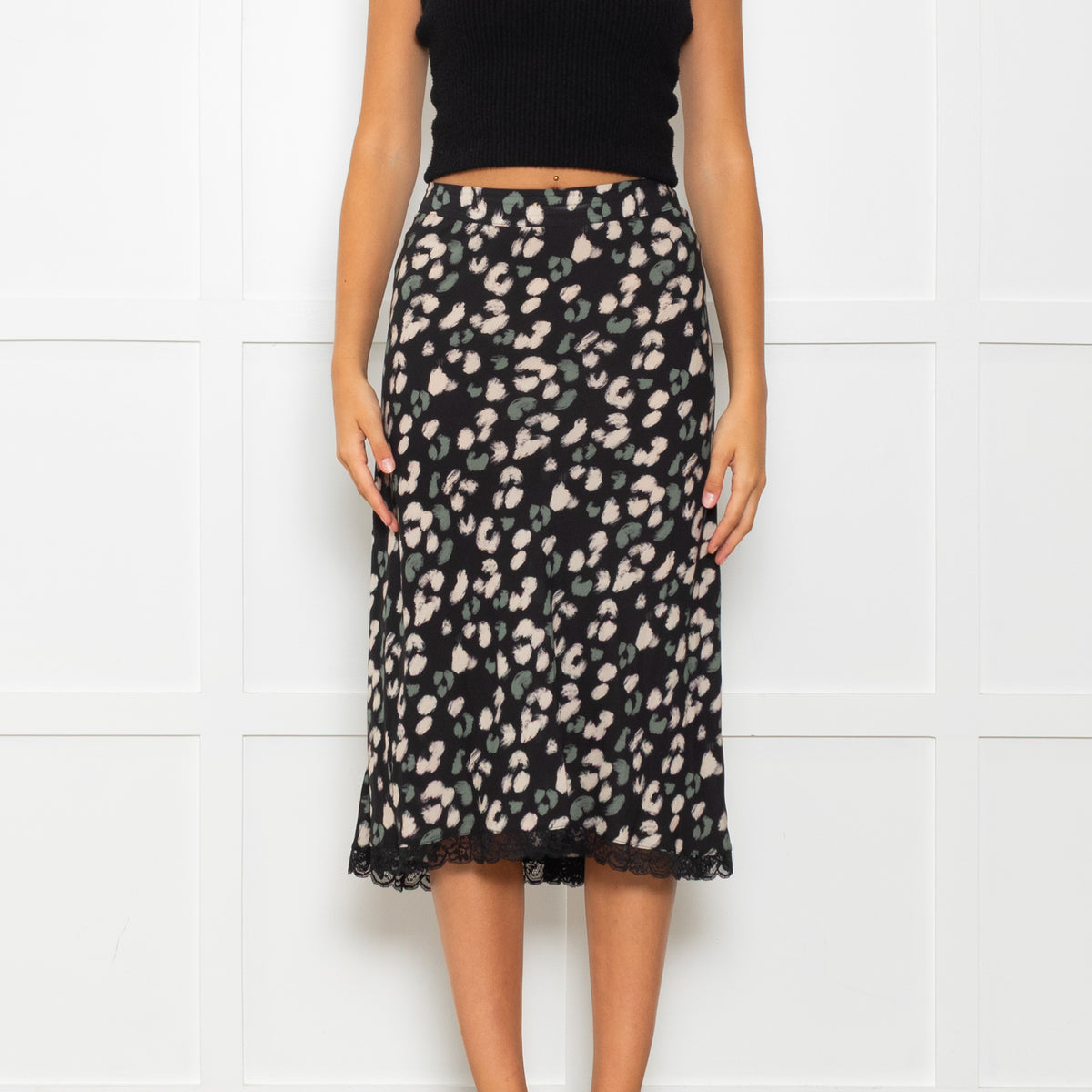 Velvet Black Skirt With Green And Cream Animal Print