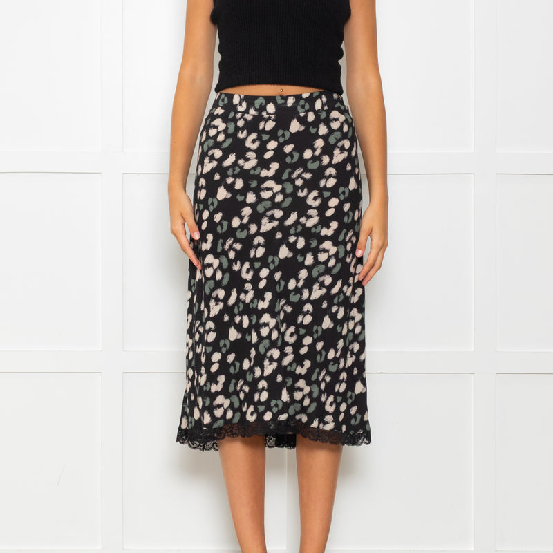 Velvet Black Skirt With Green And Cream Animal Print