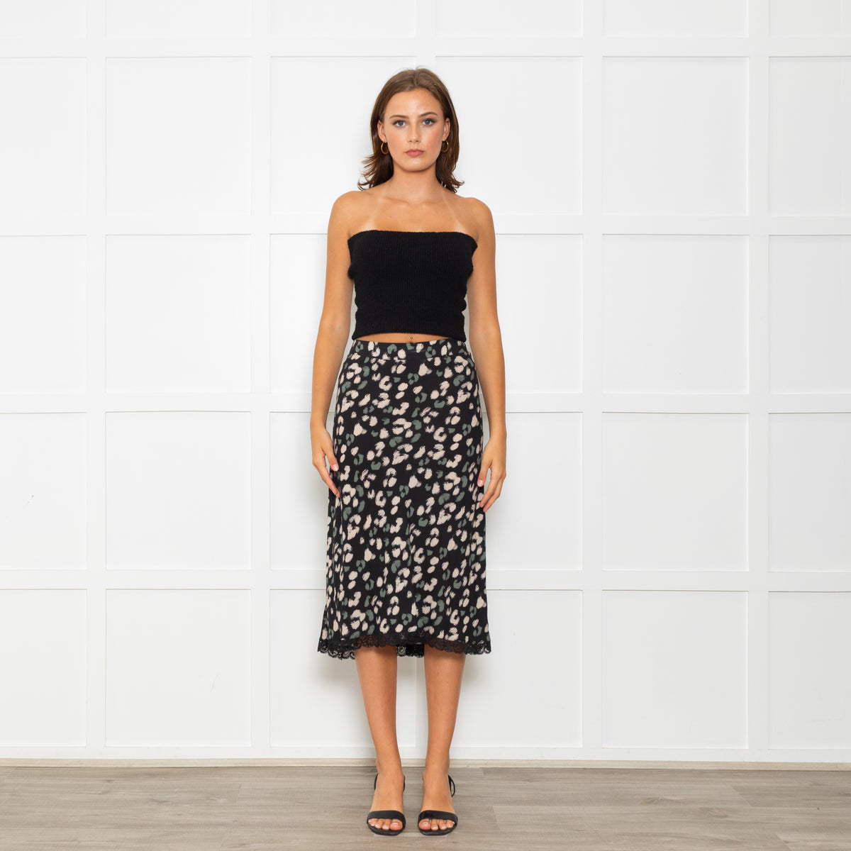 Velvet Black Skirt With Green And Cream Animal Print