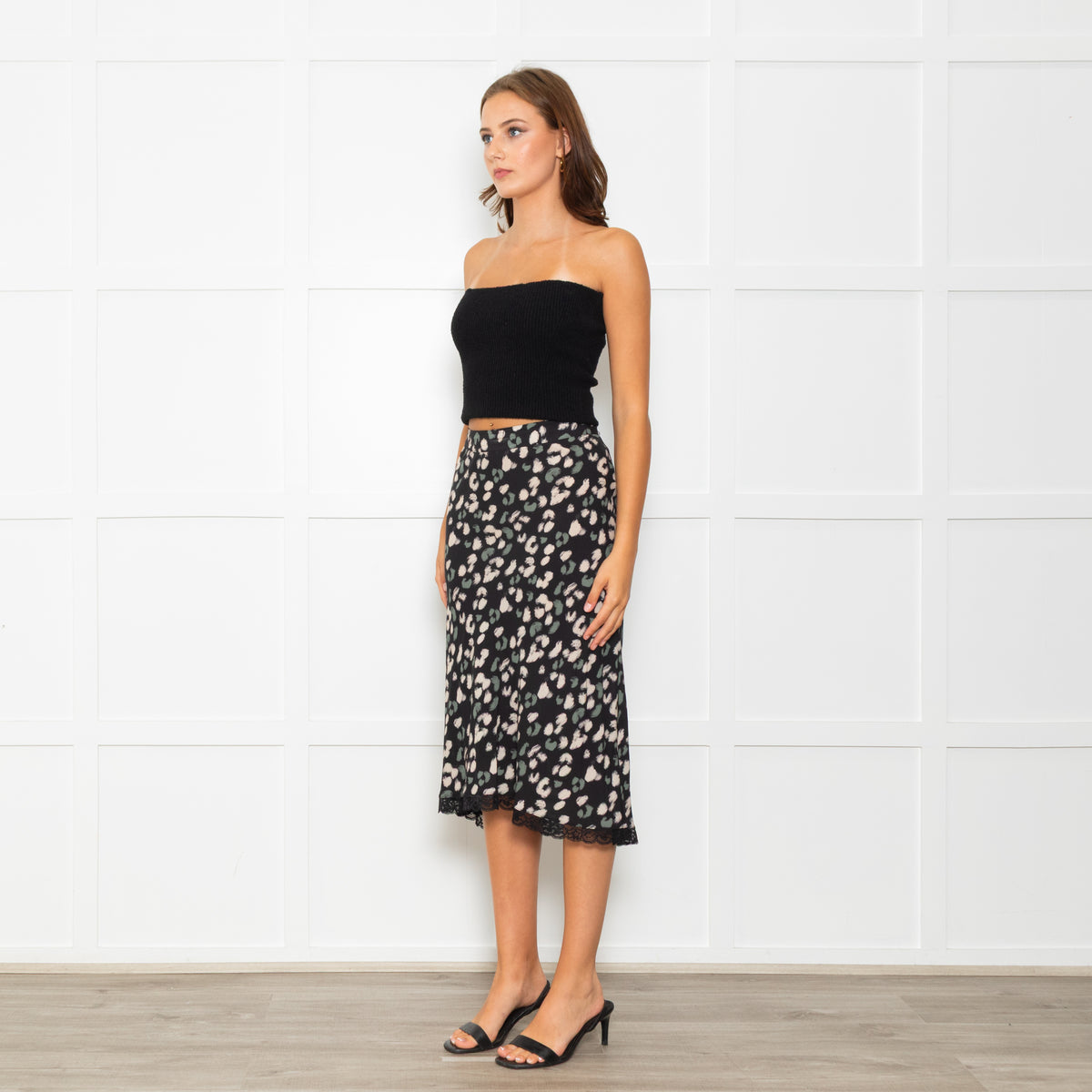 Velvet Black Skirt With Green And Cream Animal Print