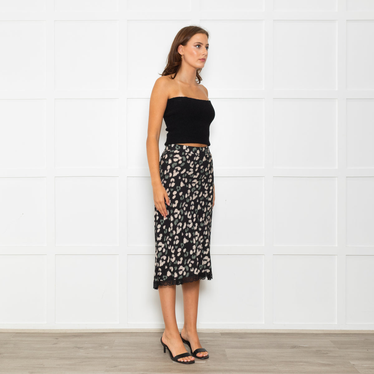 Velvet Black Skirt With Green And Cream Animal Print