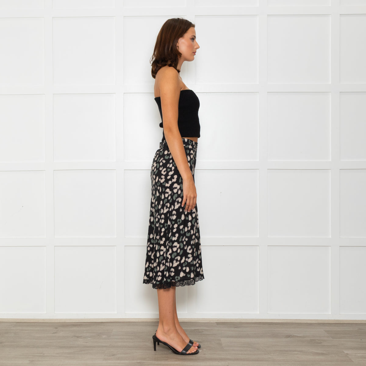 Velvet Black Skirt With Green And Cream Animal Print