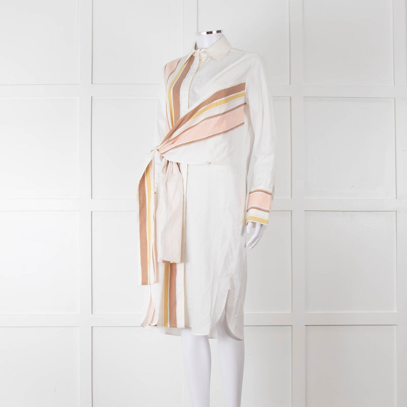 Victoria Victoria Beckham Cream Orange Striped Fine Cotton Tie Up Shirt Dress