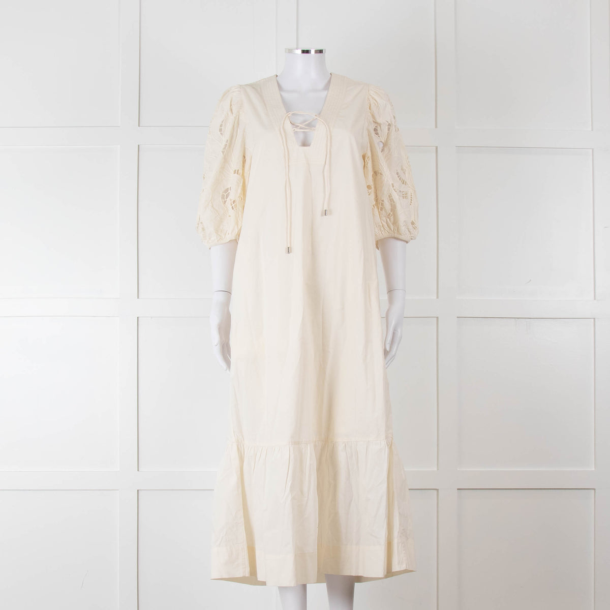 Scarlett Poppies Cream Cotton Broidery Puff Sleeve Maxi Dress