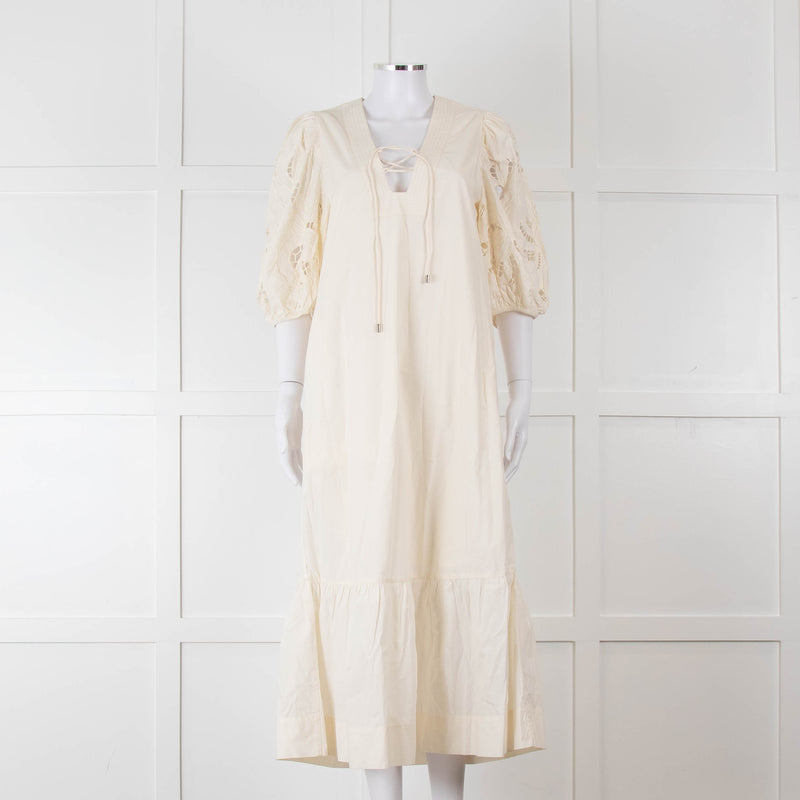 Scarlett Poppies Cream Cotton Broidery Puff Sleeve Maxi Dress