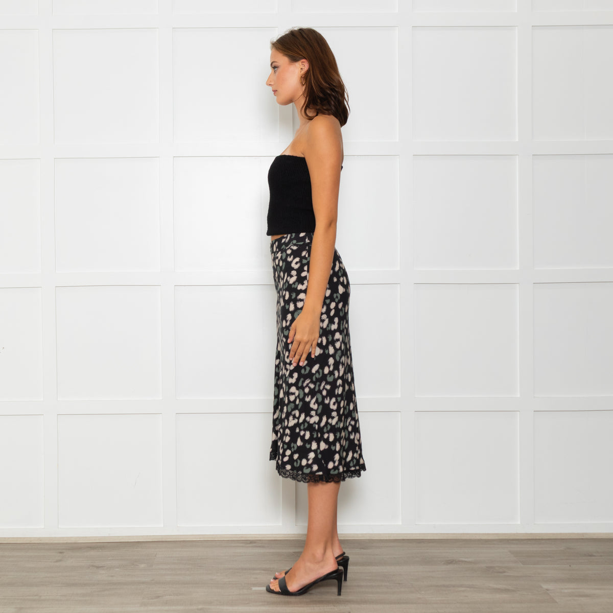 Velvet Black Skirt With Green And Cream Animal Print