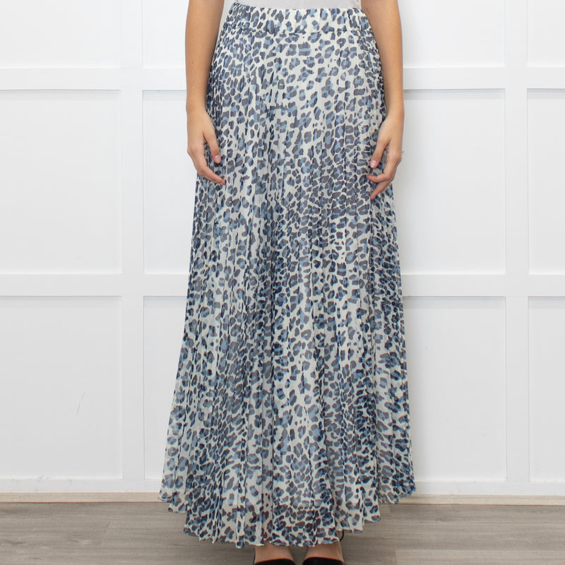 P.A.R.O.S.H. White Blue Leopard Print Pleated Maxi Skirt