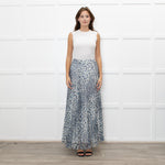 P.A.R.O.S.H. White Blue Leopard Print Pleated Maxi Skirt