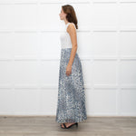 P.A.R.O.S.H. White Blue Leopard Print Pleated Maxi Skirt