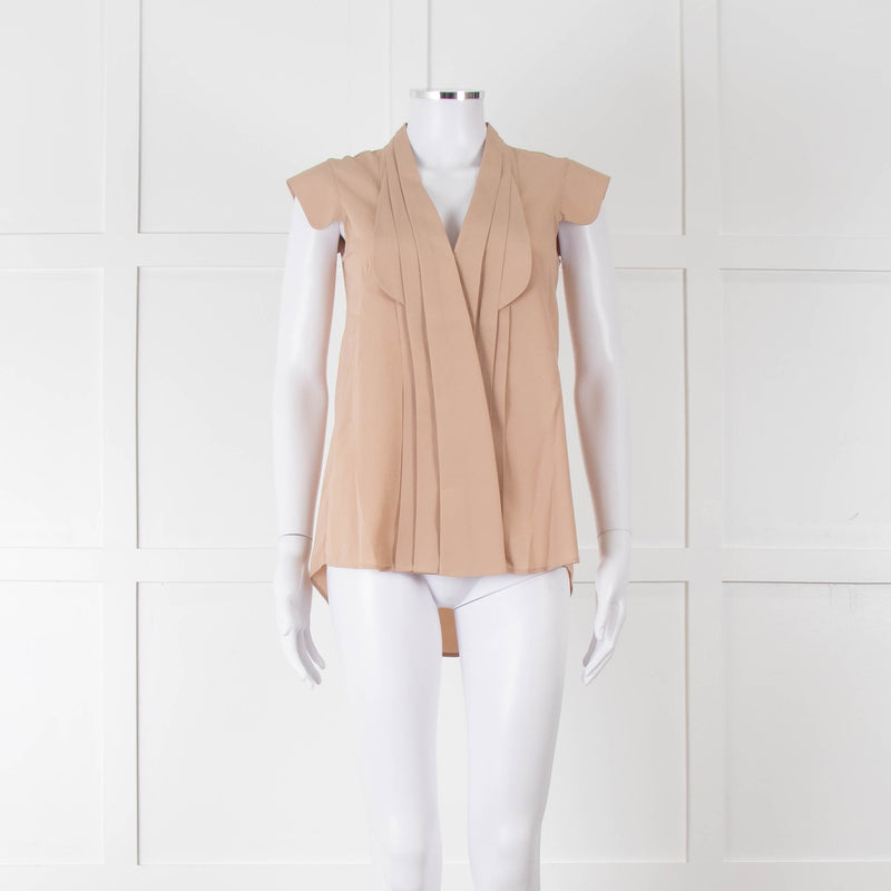 Alexander McQueen Beige Silk V Front Buttoned Up Sleeveless Top