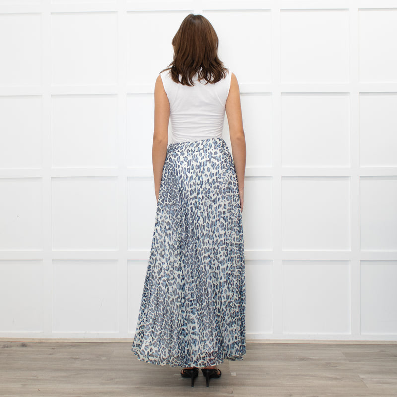 P.A.R.O.S.H. White Blue Leopard Print Pleated Maxi Skirt