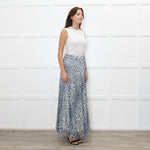 P.A.R.O.S.H. White Blue Leopard Print Pleated Maxi Skirt