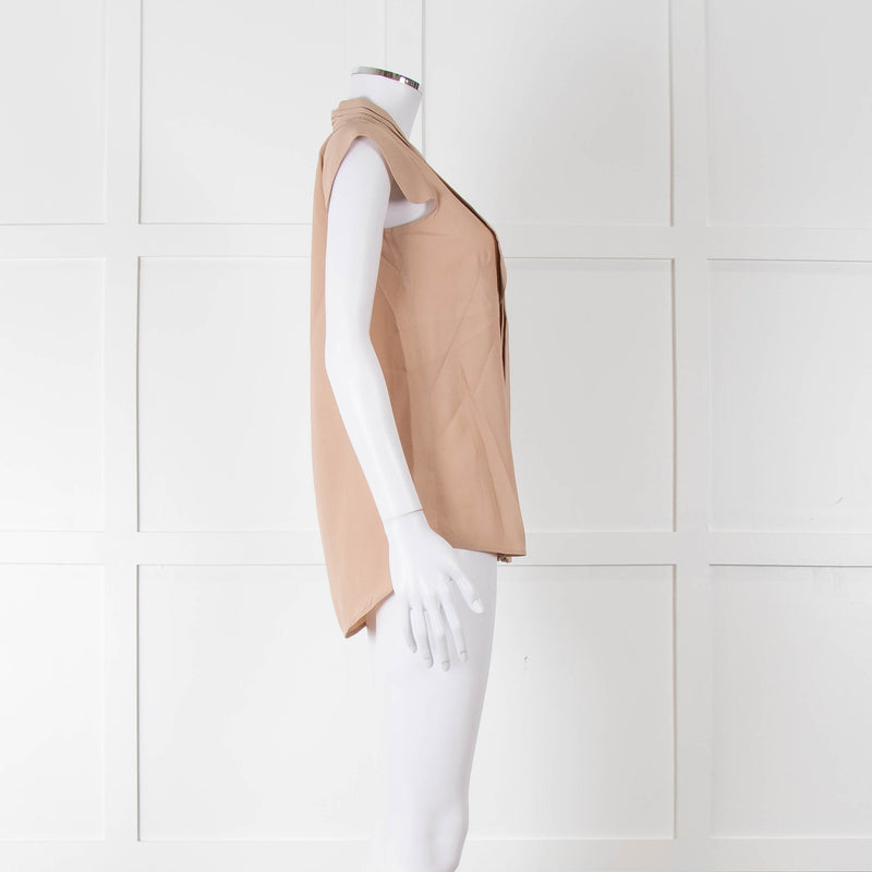 Alexander McQueen Beige Silk V Front Buttoned Up Sleeveless Top