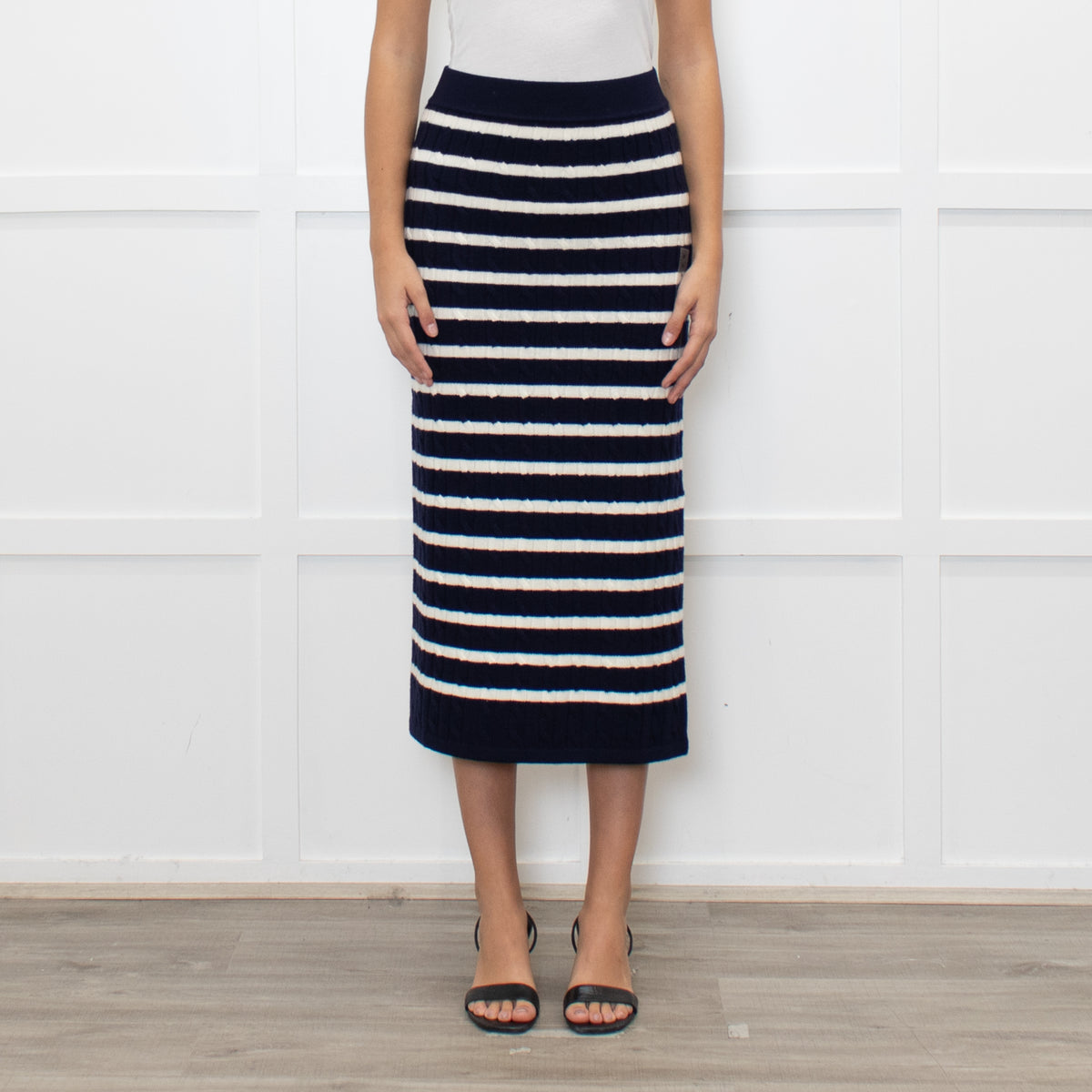 Polo Ralph Lauren Navy White Striped Cable- Knit Midi Skirt