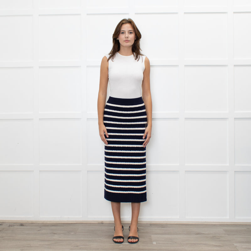 Polo Ralph Lauren Navy White Striped Cable- Knit Midi Skirt