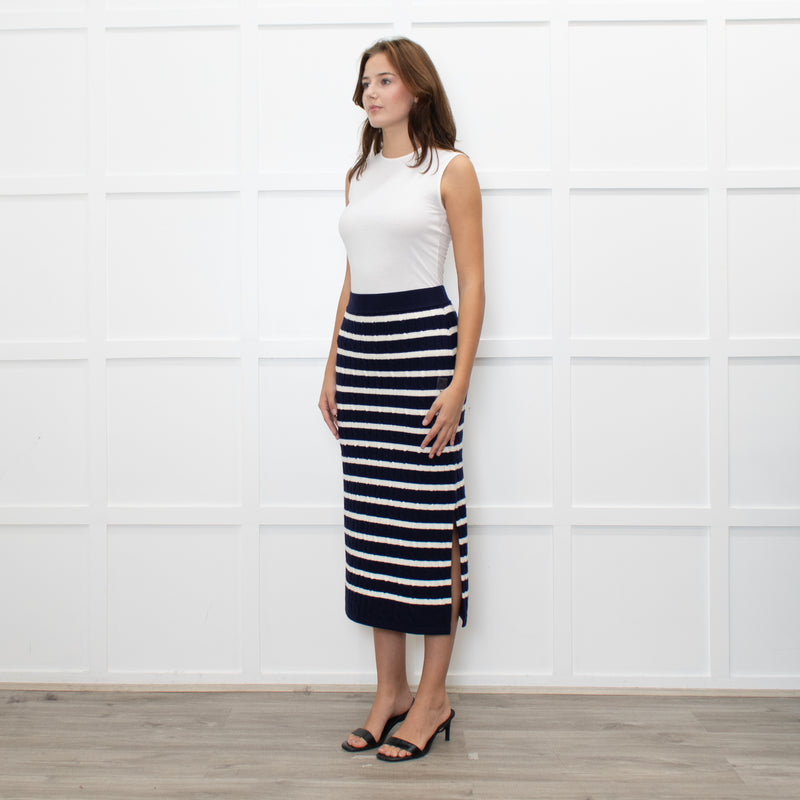 Polo Ralph Lauren Navy White Striped Cable- Knit Midi Skirt