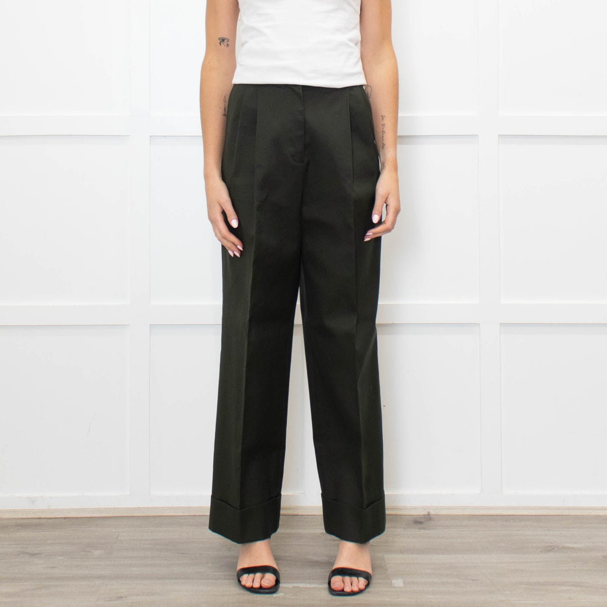 The Row Dark Green High-Waisted  Heavy Cotton Trousers