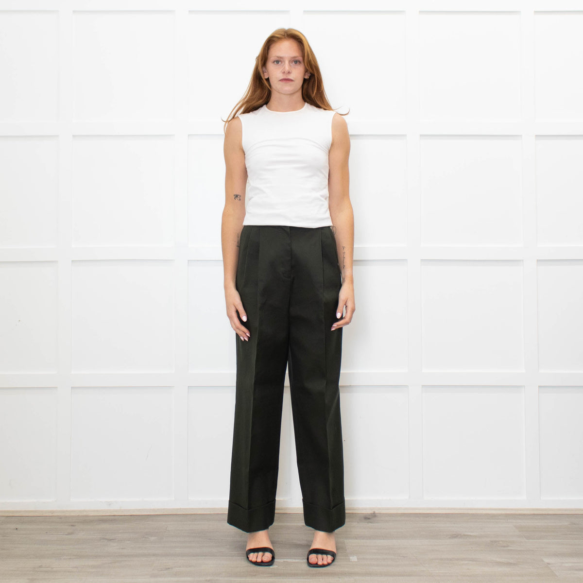 The Row Dark Green High-Waisted  Heavy Cotton Trousers