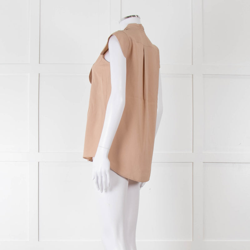 Alexander McQueen Beige Silk V Front Buttoned Up Sleeveless Top