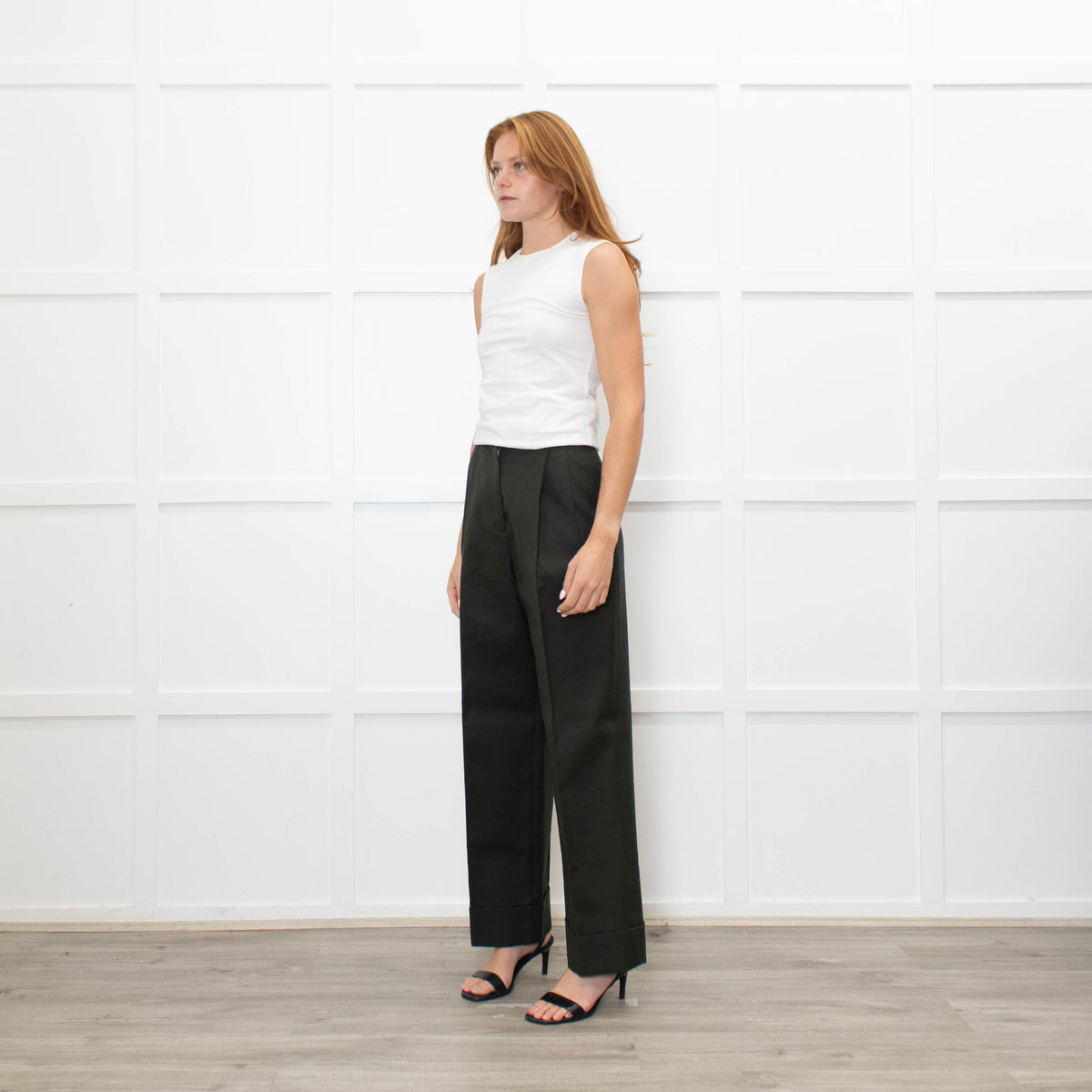 The Row Dark Green High-Waisted  Heavy Cotton Trousers