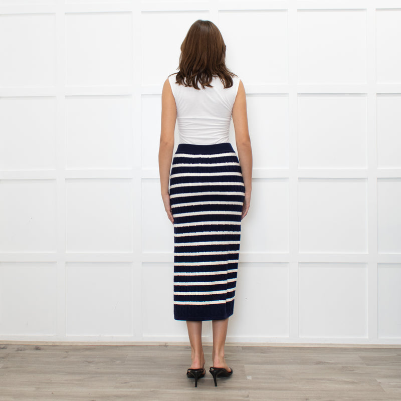 Polo Ralph Lauren Navy White Striped Cable- Knit Midi Skirt