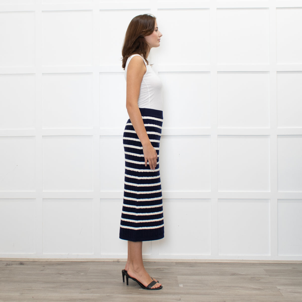Polo Ralph Lauren Navy White Striped Cable- Knit Midi Skirt