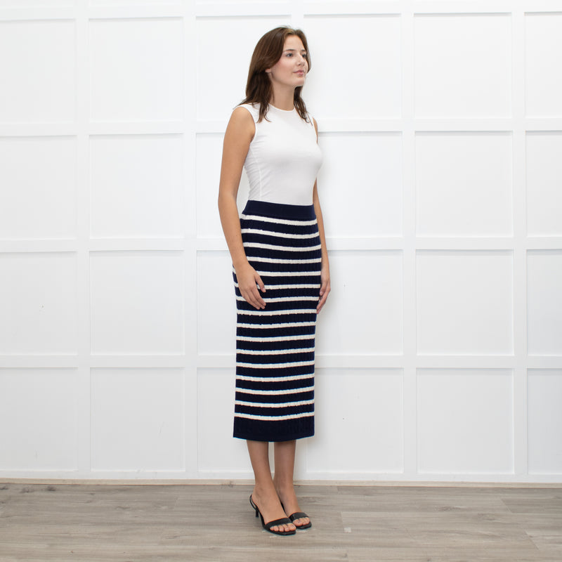 Polo Ralph Lauren Navy White Striped Cable- Knit Midi Skirt