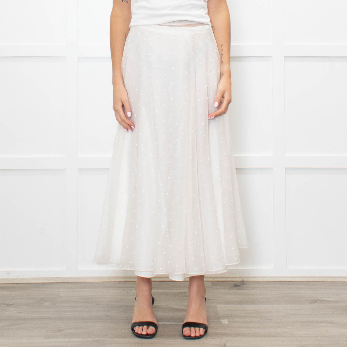 Christian Dior Cream Silk Polka Embroidered Maxi Skirt