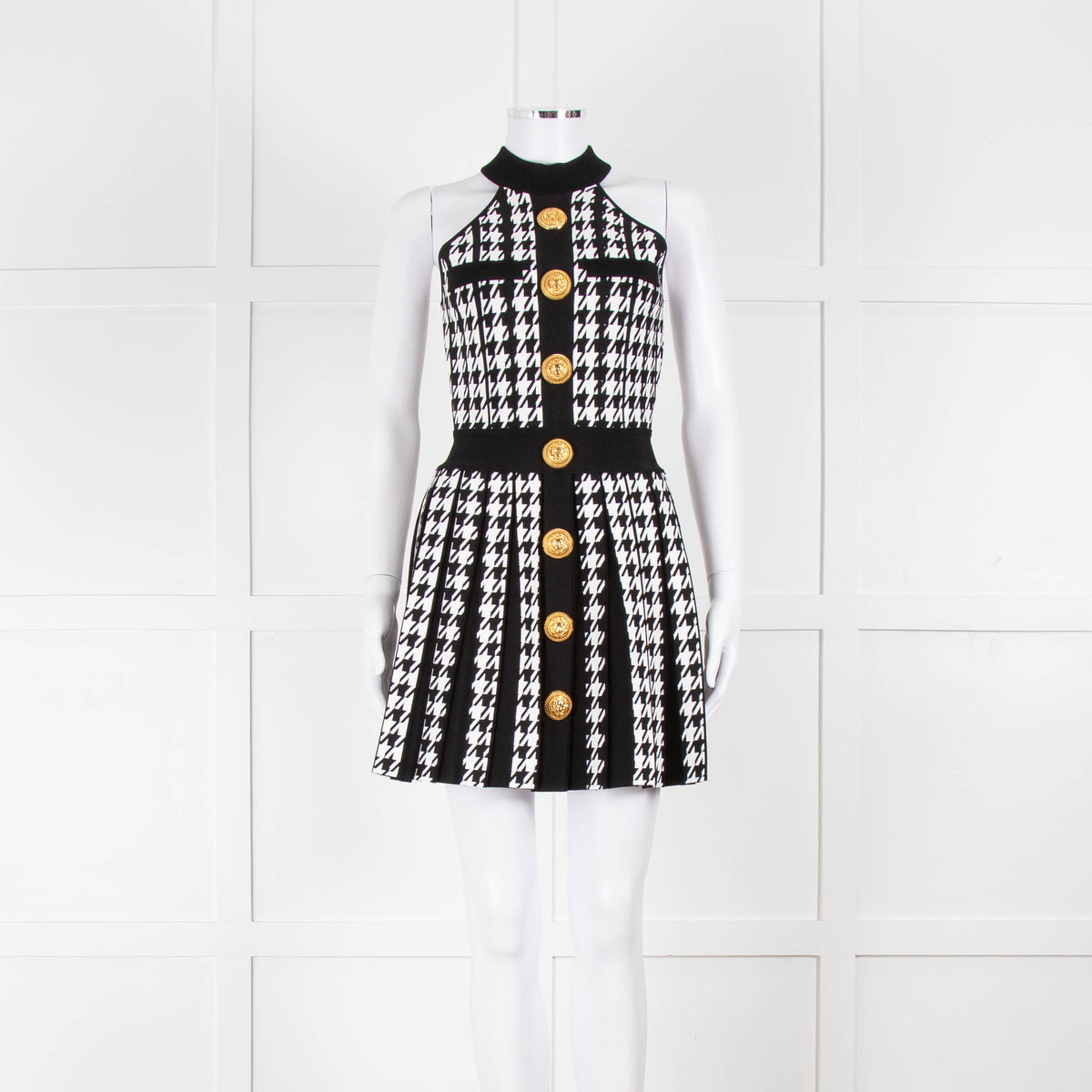 Balmain Black & White Pleated Houndstooth Knit Mini Dress