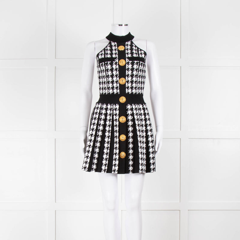 Balmain Black & White Pleated Houndstooth Knit Mini Dress