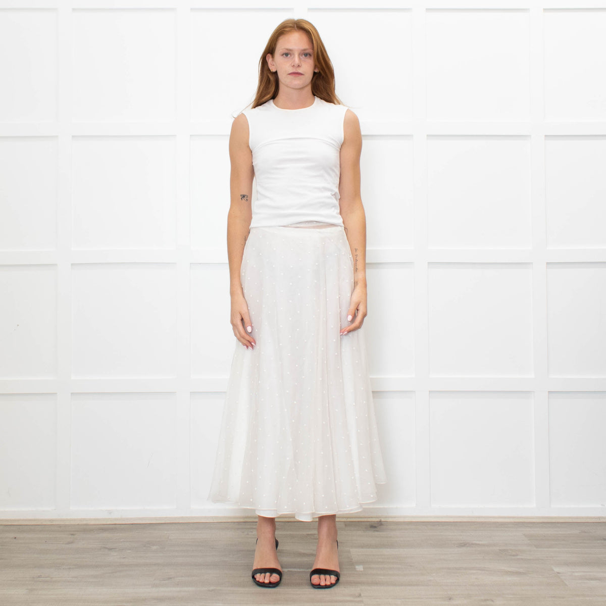 Christian Dior Cream Silk Polka Embroidered Maxi Skirt