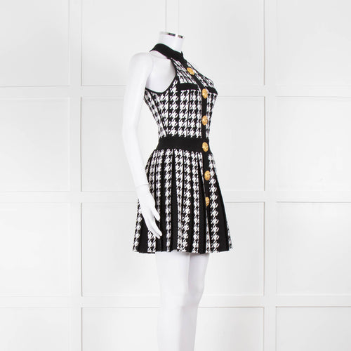 Balmain Black & White Pleated Houndstooth Knit Mini Dress