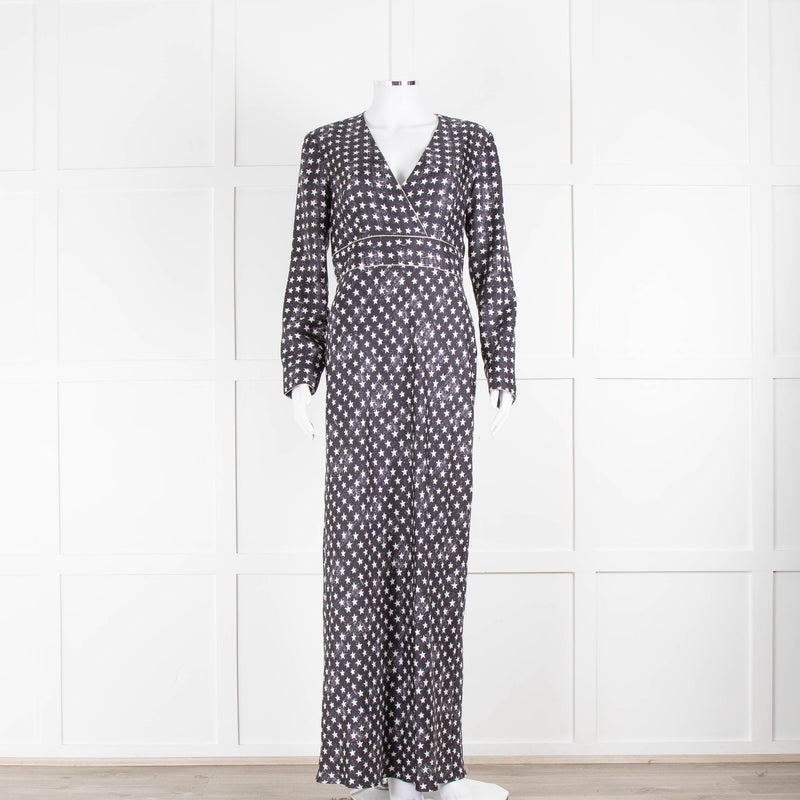 Max Mara Midnight Blue White Star Print Silk Maxi Dress