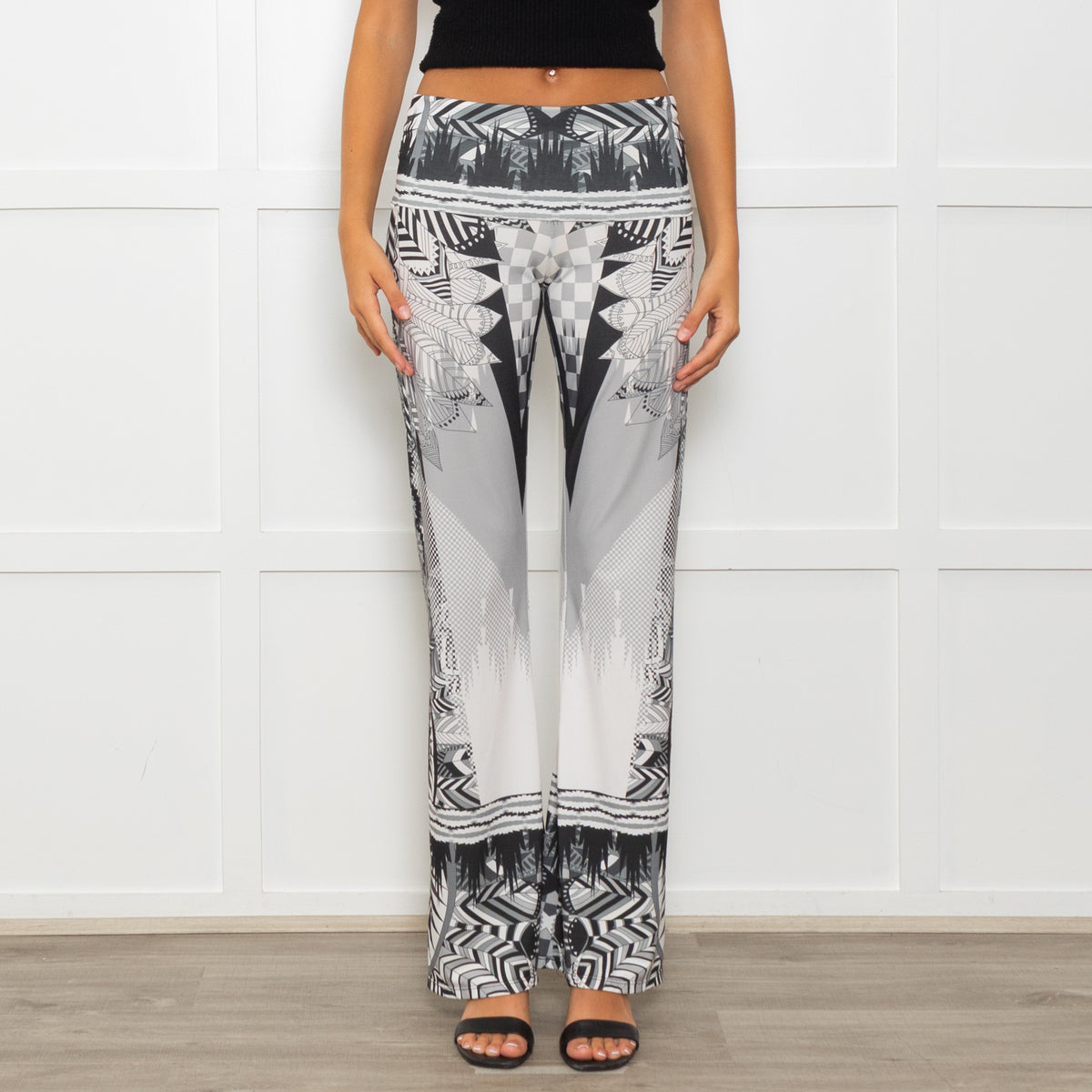 Hale Bob Grey Abstract Mandala Print Fold Waist Flared Trouser