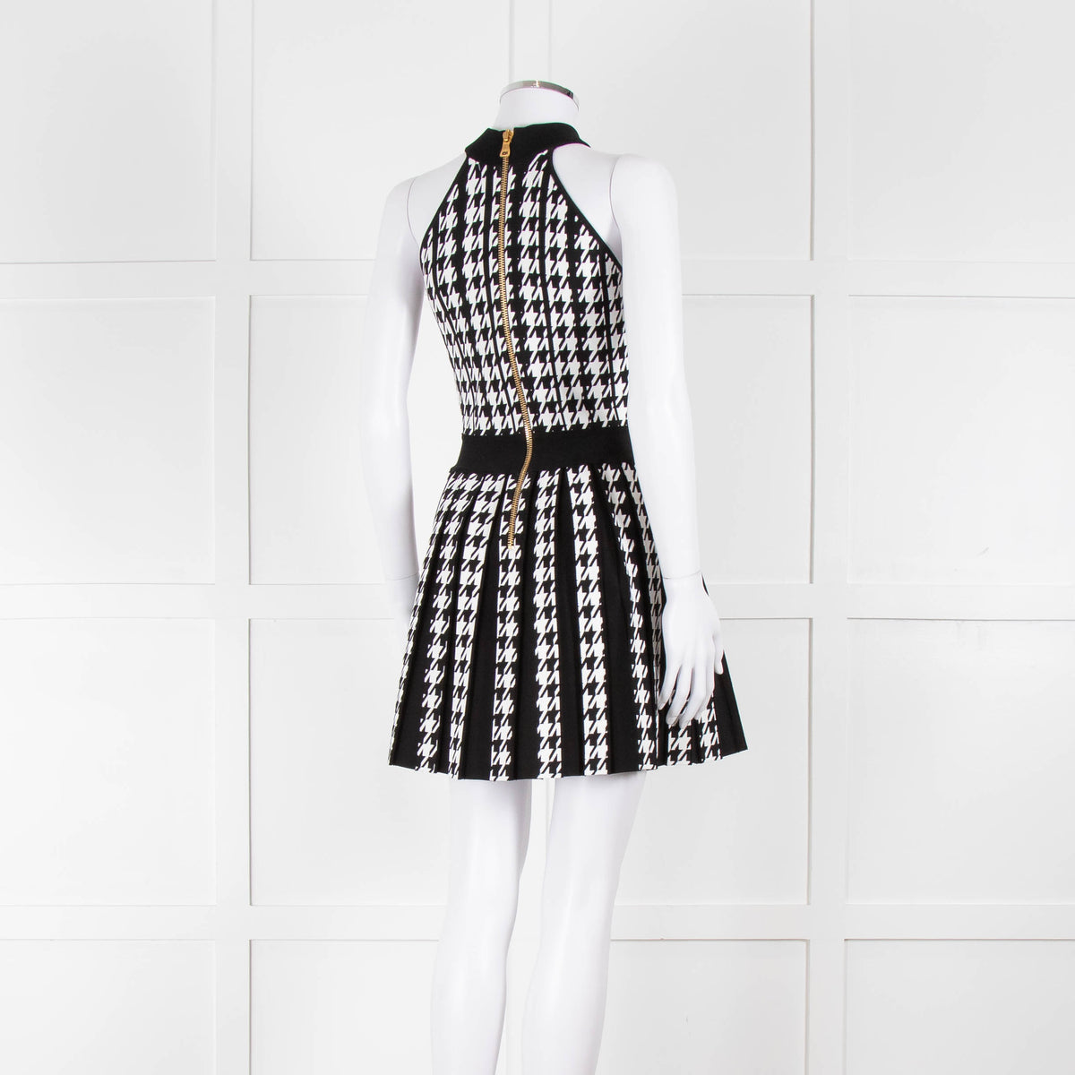 Balmain Black & White Pleated Houndstooth Knit Mini Dress